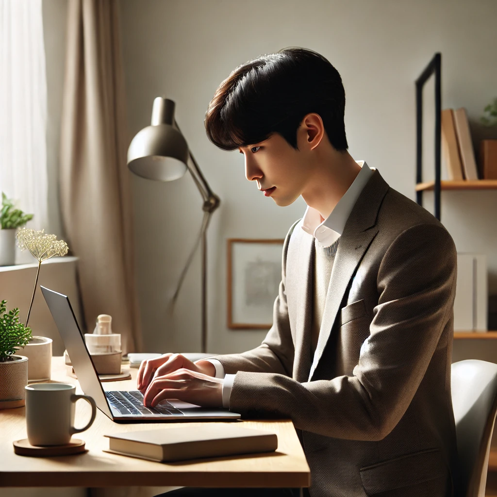 블로그 글 작성중인 정장입은 남자
