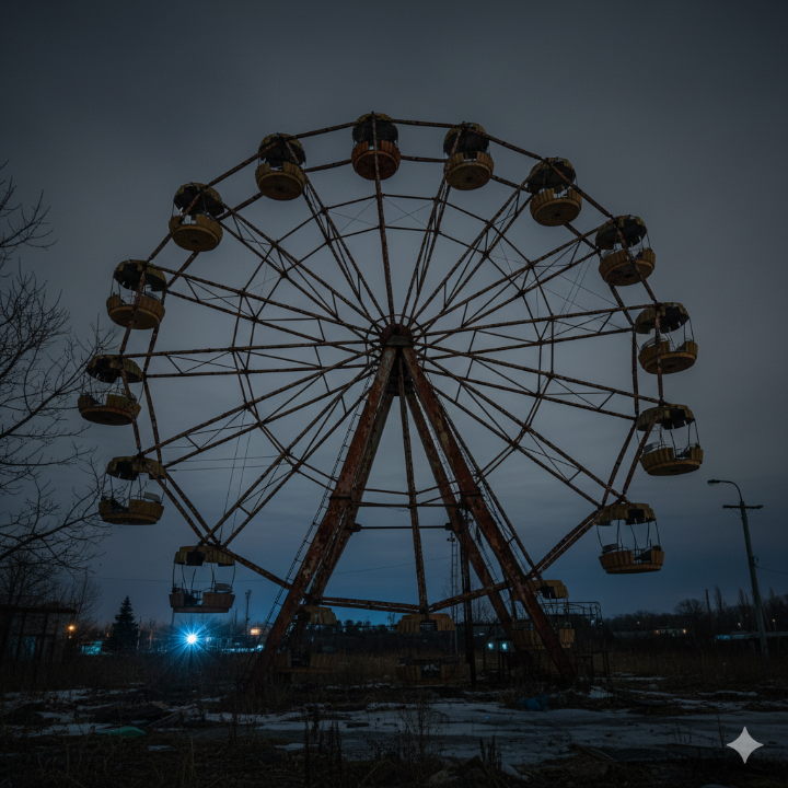 낡고 녹슨 놀이공원 관람차가 어둠 속에 멈춰 있는 사진