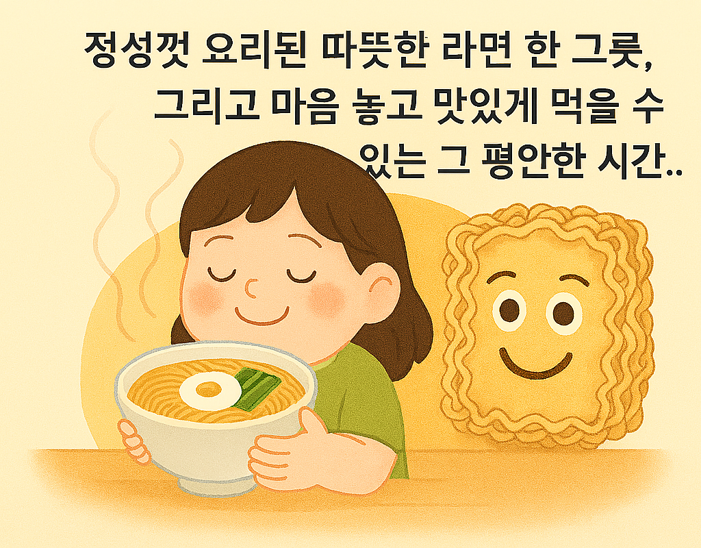 따뜻한 라면을 먹으며 평온함을 느끼는 아이와 웃고 있는 라면 캐릭터 일러스트