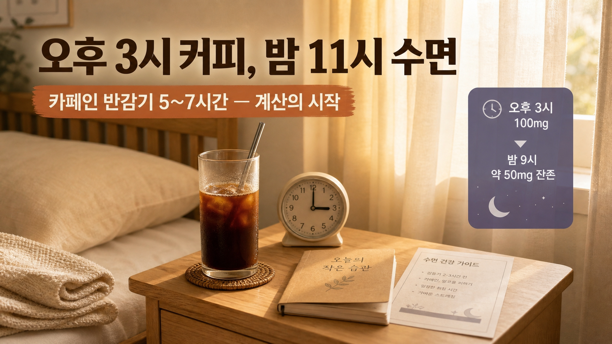 침대 옆 협탁에 놓인 커피잔과 시계, 오후 커피와 수면의 관계를 상징하는 이미지