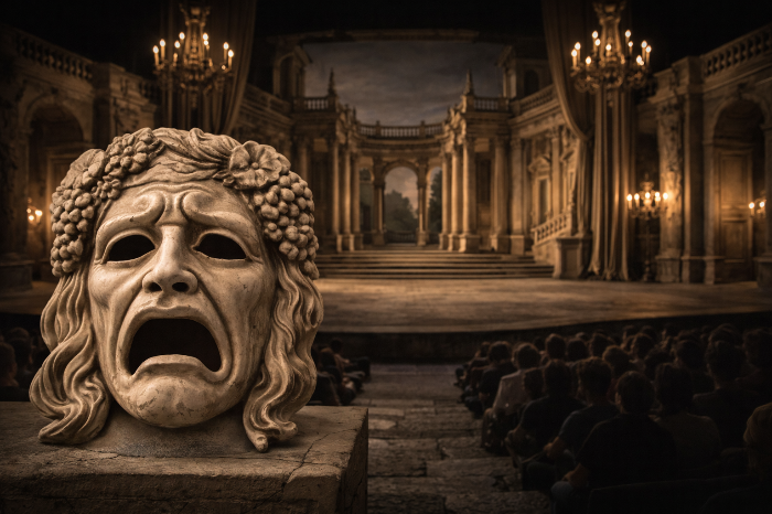 고대 그리스 비극 가면과 프랑스 고전주의 무대 세트의 대비 이미지