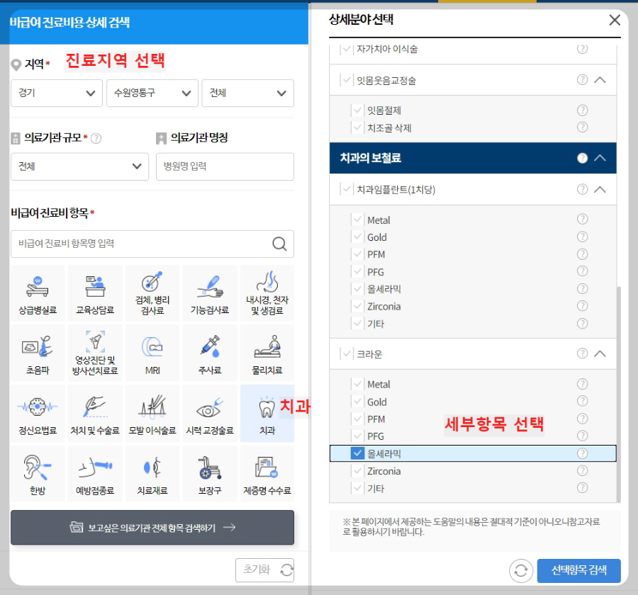 HIRA-치과-비급여-항목선택