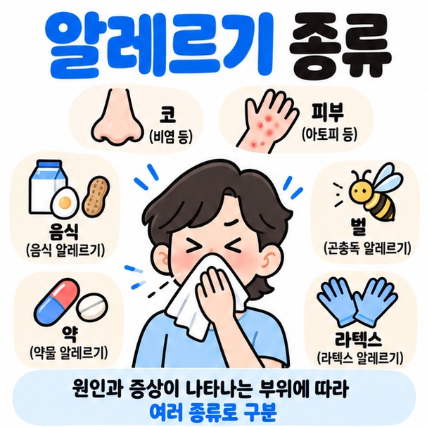 코 피부 음식 약 벌 라텍스 아이콘을 중심으로 알레르기 종류 문구를 보여주는 차분한 대표 카드뉴스 이미지