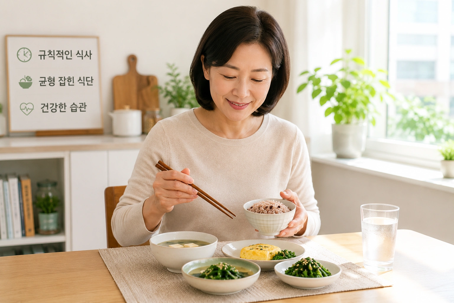 규칙적인 아침 식사로 혈당 관리를 실천하는 한국인 중장년 여성이 균형 잡힌 건강식을 먹는 모습