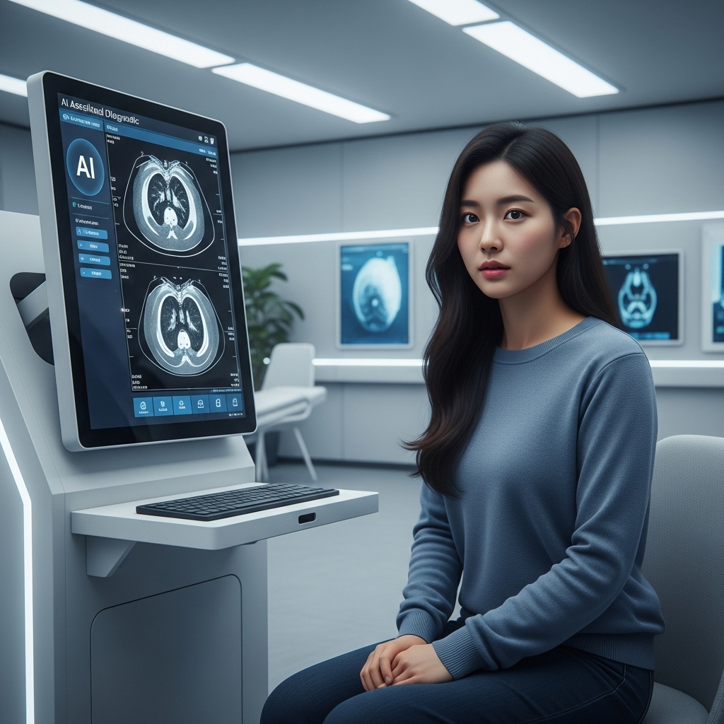 a digital health kiosk during a check-up, with an AI-assisted diagnostic system