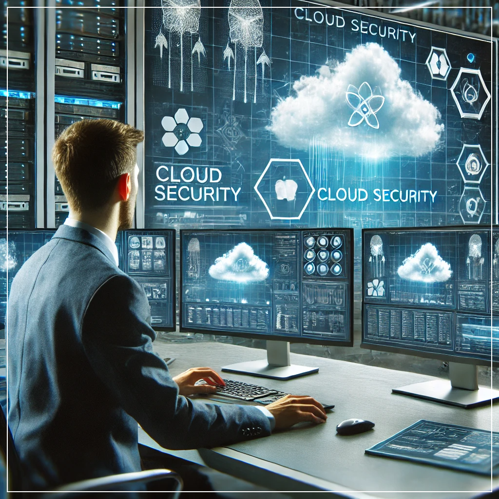 사이버 보안 전문가가 하이테크 사무실에서 클라우드 보안을 모니터링하는 모습