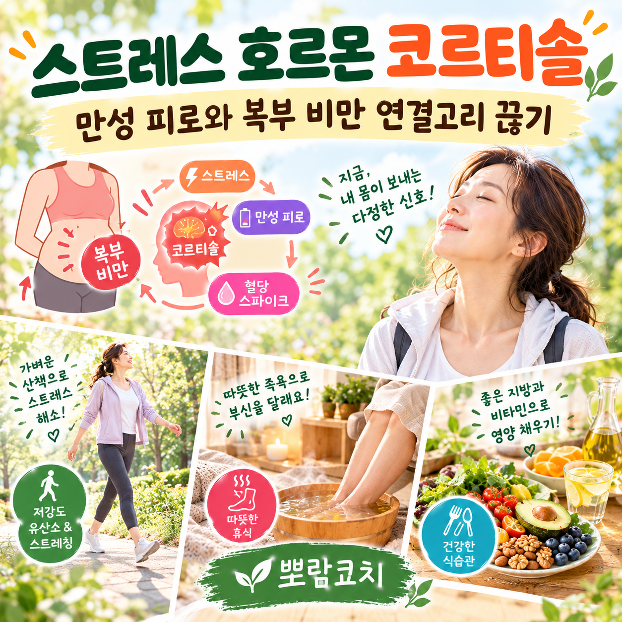 따스한 햇살을 받으며 가벼운 차림으로 산책하며 스트레스를 해소하는 감성 모습
김이 모락모락 나는 따뜻한 대야에 발을 담그고 편안하게 족욕 휴식을 취하는 모습
신선한 과일과 비타민 C, 마그네슘이 풍부한 영양소 위주의 정갈한 차림