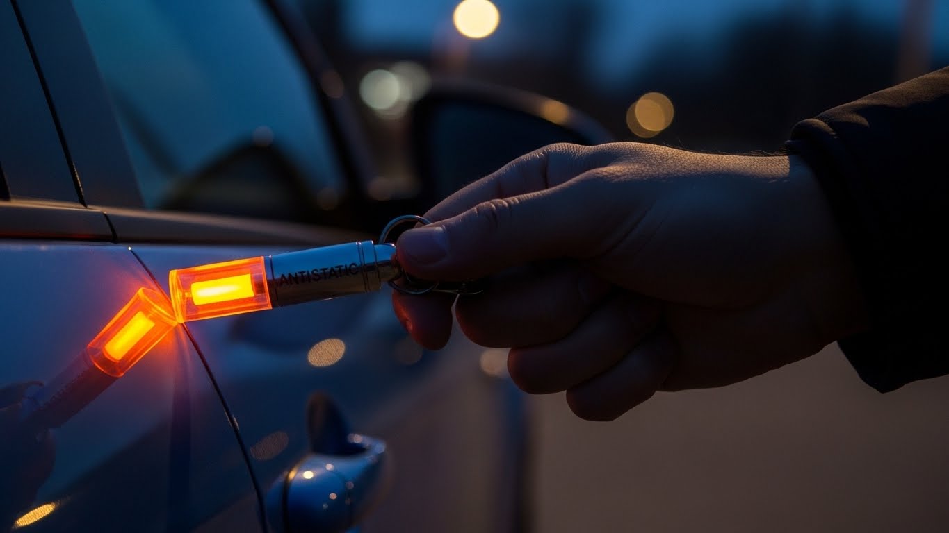 전기 제거 키링이 자동차 문에 닿아 램프가 켜진 모습