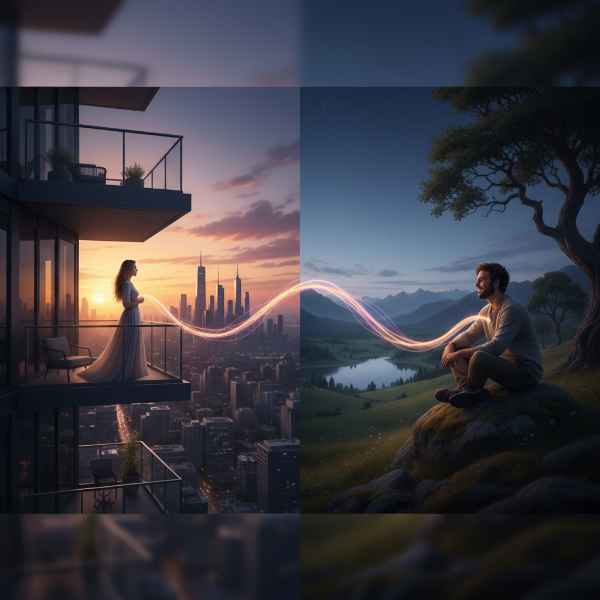 사랑과 연결을 상징하는 따뜻한 빛으로 이어진 장거리 연애 커플의 모습