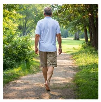 우리몸에 생겨나는 활성산소를 땅으로 중화시킴으로 인해 만성피로,고질적인 질병을 개선하기 위해 공원에서 맨발걷기를 하고 있는 중년
이미지 출처: Gemini AI 생성