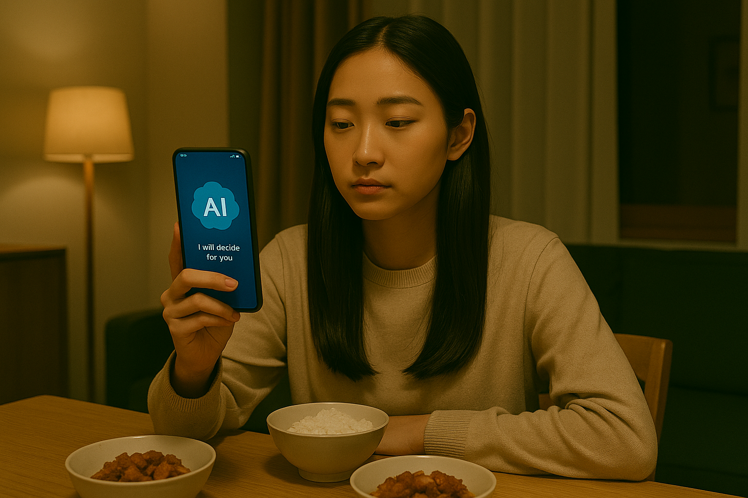 일상 속 모든 결정을 대신하는 AI 기술을 묘사한 영화 장면