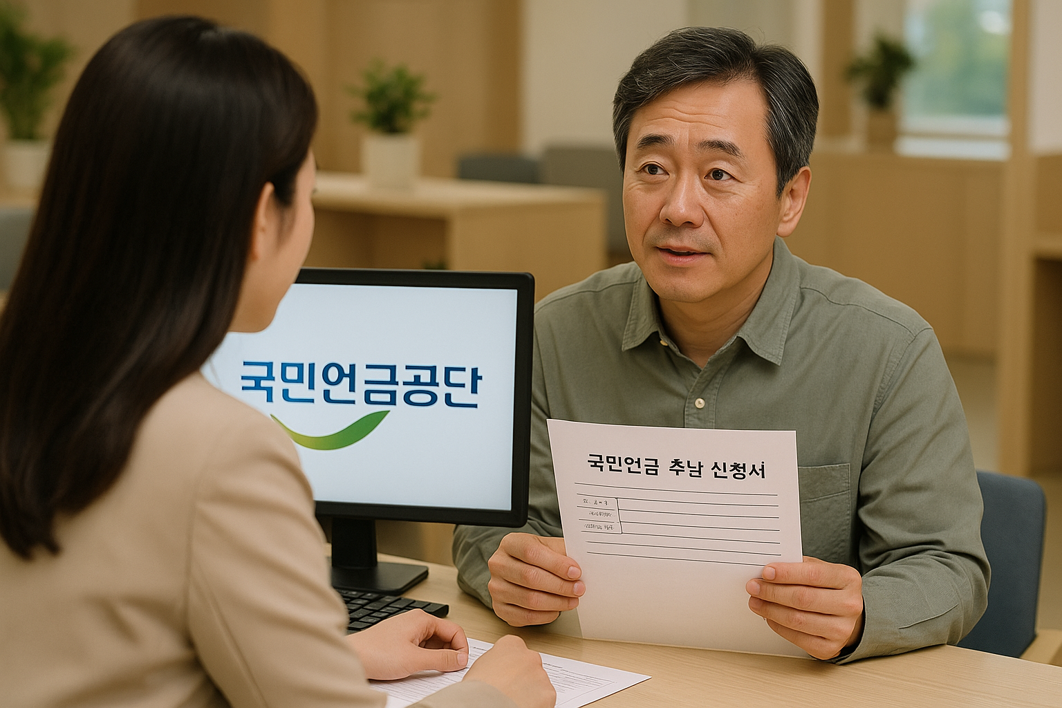국민연금 추납을 신청하며 상담받는 중장년 가입자의 모습