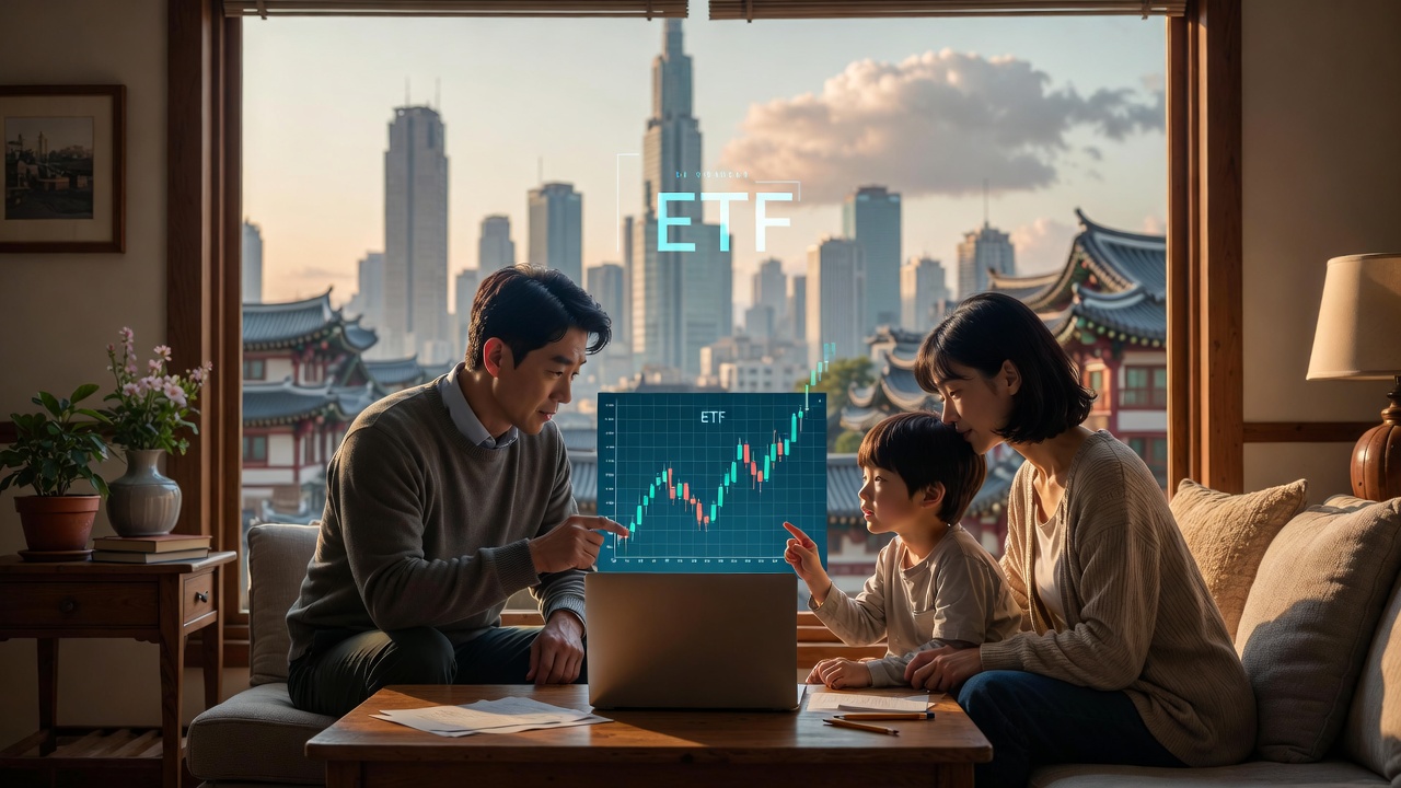 거실에서 금융교육 받는 가족