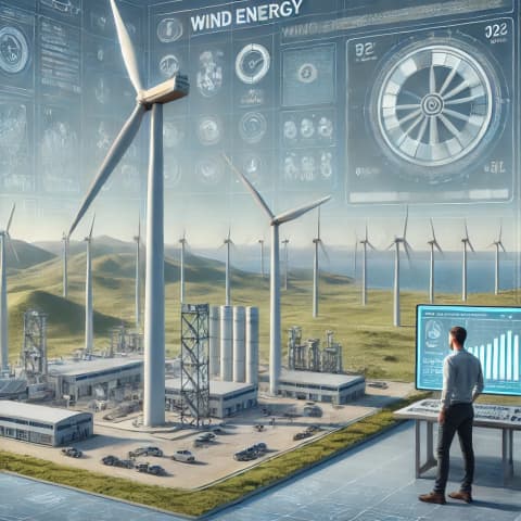 A wind farm on rolling hills or offshore, with multiple turbines capturing the breeze
An engineer at a wind turbine manufacturing plant, examining turbine blades or nacelle components
A control room/digital dashboard monitoring real-time performance of a wind farm
A CAD/3D model of a wind turbine design, highlighting blade geometry and internal mechanisms
