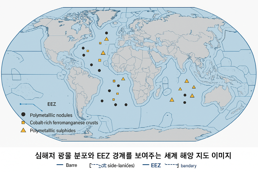 국제해양법과 해양자원 분쟁 : 심해채굴의 법적 공백-심해저 광물 분포와 EEZ 경계를 보여주는 세계 해양 지도 이미지”