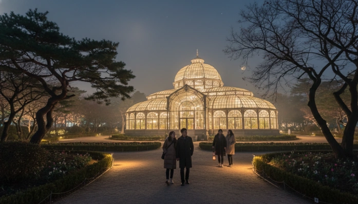 창경궁 대온실의 밤 풍경. 은은한 조명 아래 유럽풍 유리 온실이 신비롭게 빛나고 있으며, 주변을 산책하는 사람들이 보인다.