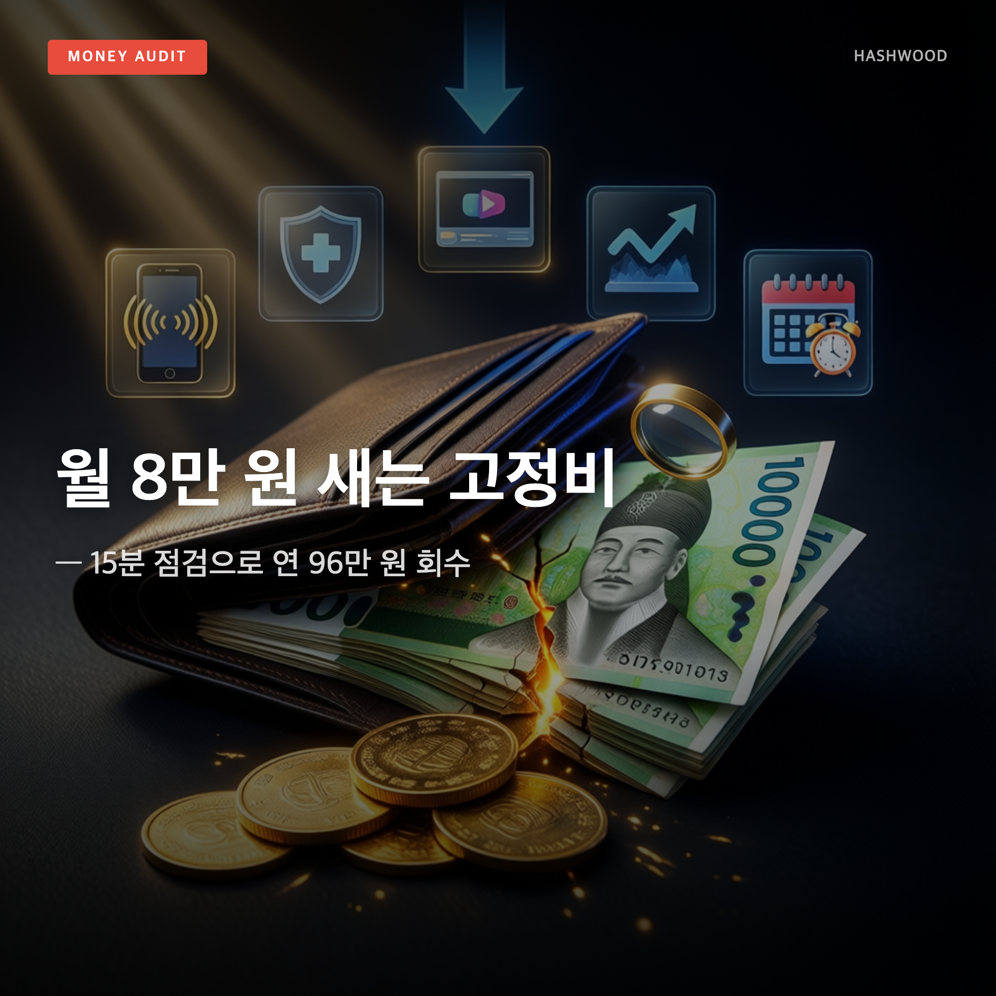그림: 월 8만 원 새는 고정비 — — 15분 점검으로 연 96만 원 회수