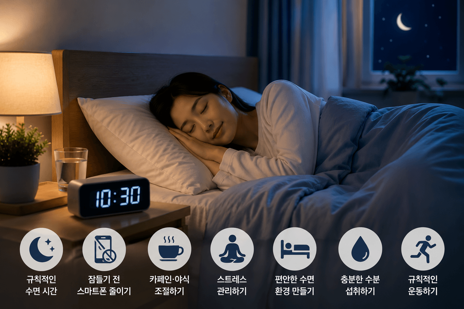 밤에 자주 깨는 사람의 숙면 관리와 편안한 수면 환경을 표현한 건강 이미지