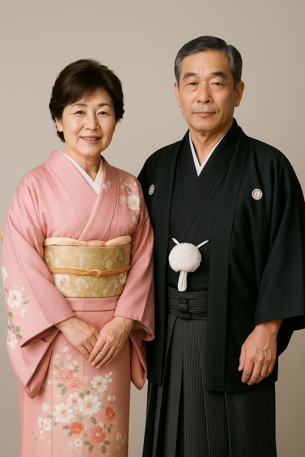 일본 전통의상 기모노를 입은 중년의 일본 부부
