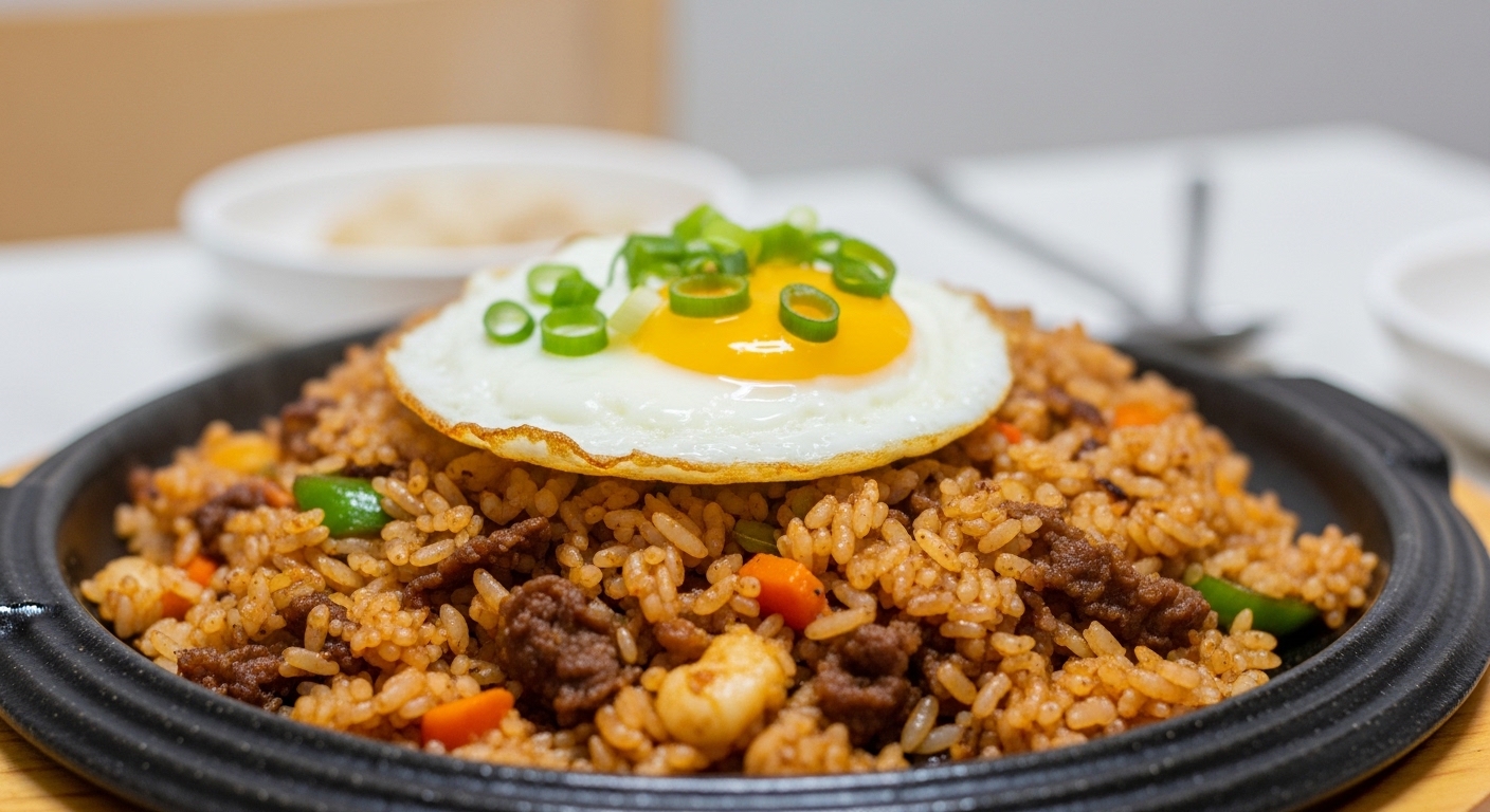 고슬고슬하게 볶아진 소고기 야채 볶음밥과 계란 프라이가 올라간 따뜻한 한 그릇