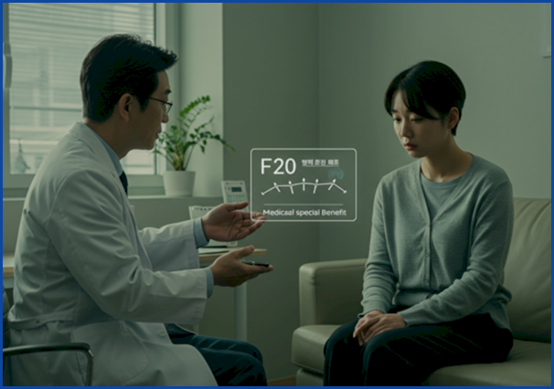 정신건강의학과 의사가 환자에게 조현병(F20) 확진과 산정특례 제도를 설명해주는 장면을 묘사한 따뜻한 시네마틱 일러스트.