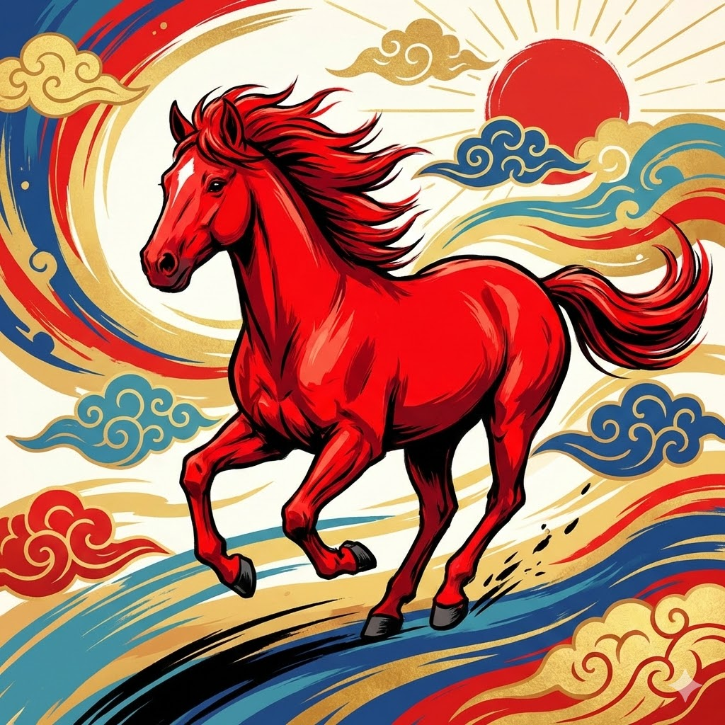 2026년 병오년 상징 붉은 말 일러스트