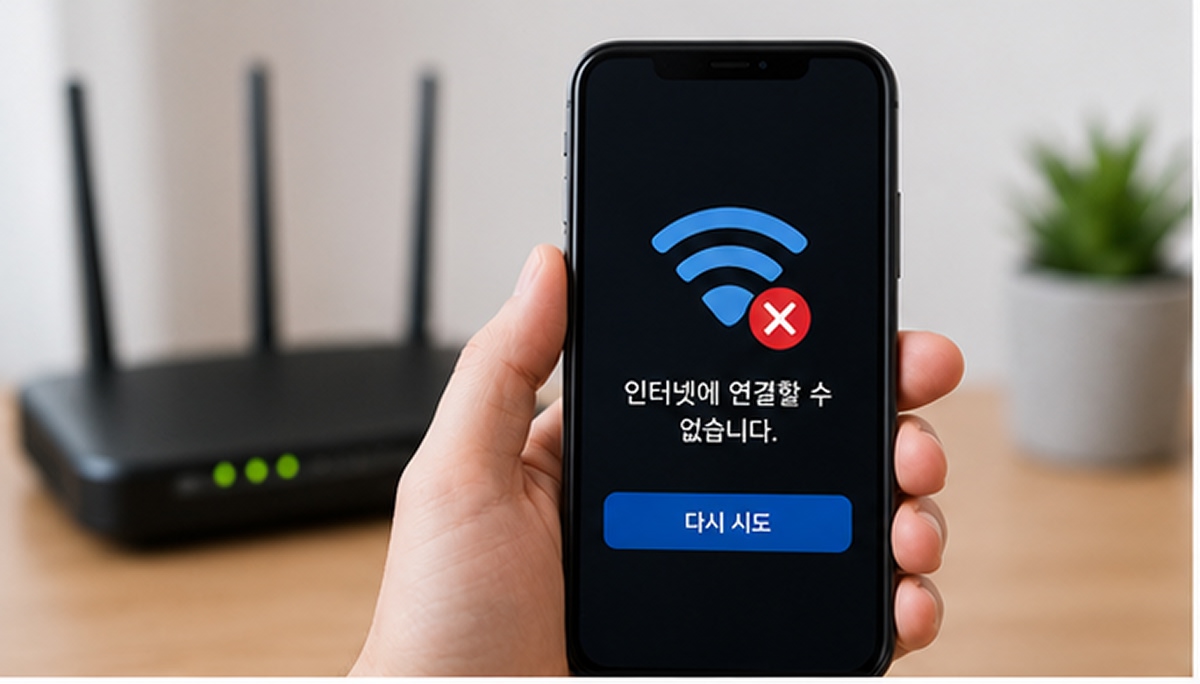 인터넷에 연결할 수 없다는 메시지가 뜬 휴대폰 이미지.