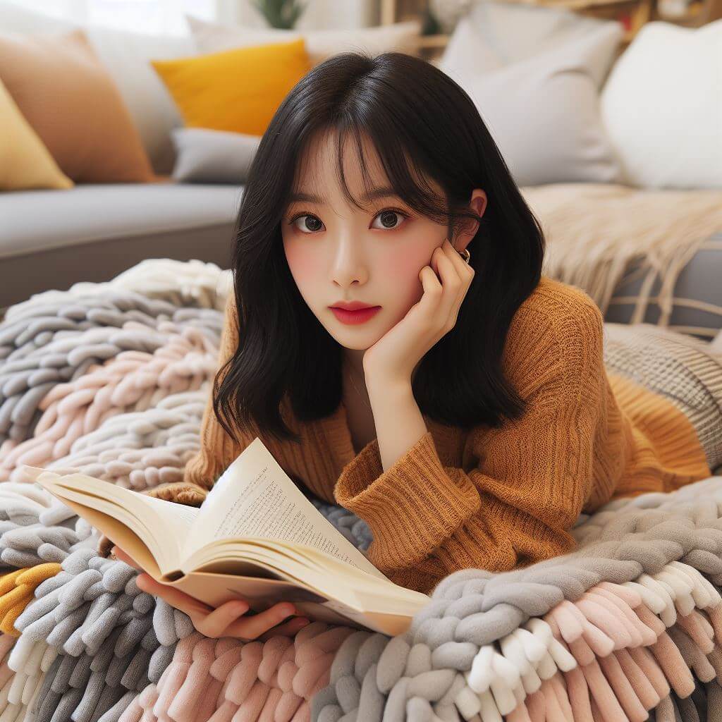 레이어드 러그에 누워서 책을 읽고 있는 여성