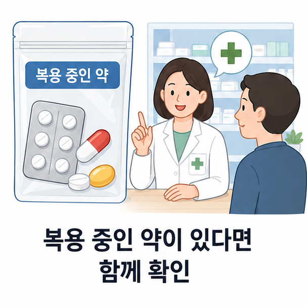 복용 중인 약이 있을 때 약사와 혈액순환 개선제 복용 여부를 상담하는 모습