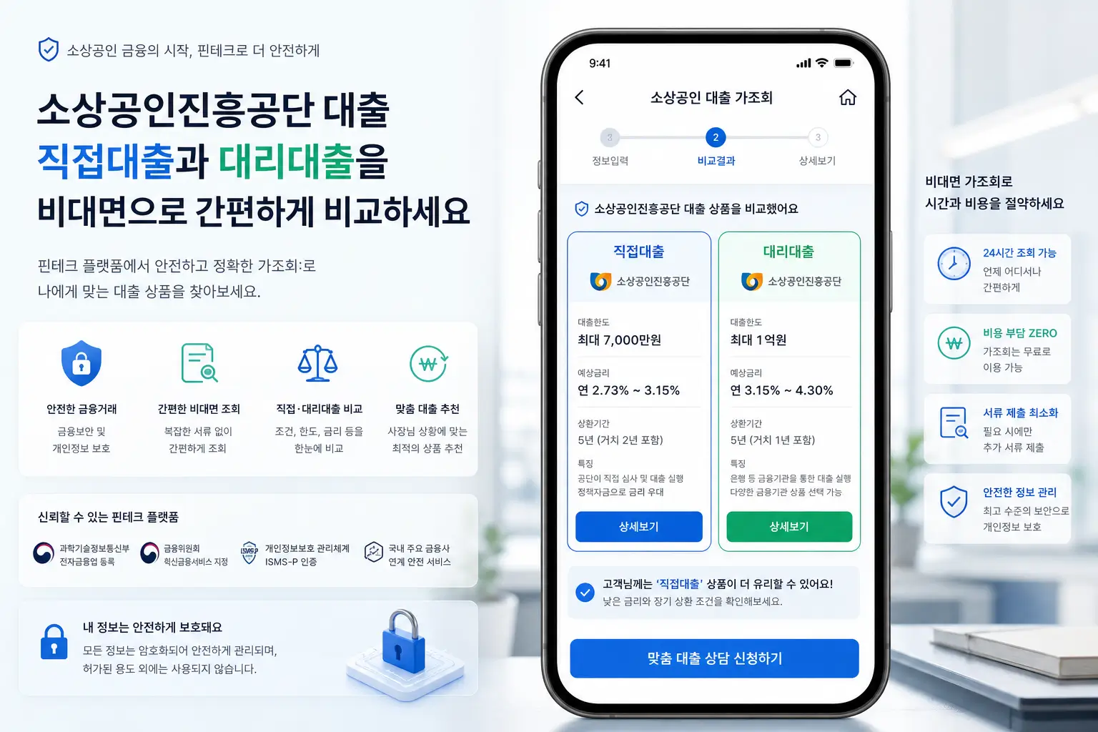 소상공인 진흥 공단 직접 대출과 대리 대출 비대면 가조회를 핀테크 플랫폼으로 안전하게 비교하는 모습