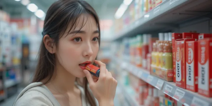 아조나 치약 포장 박스를 선반에 정리하는 모습