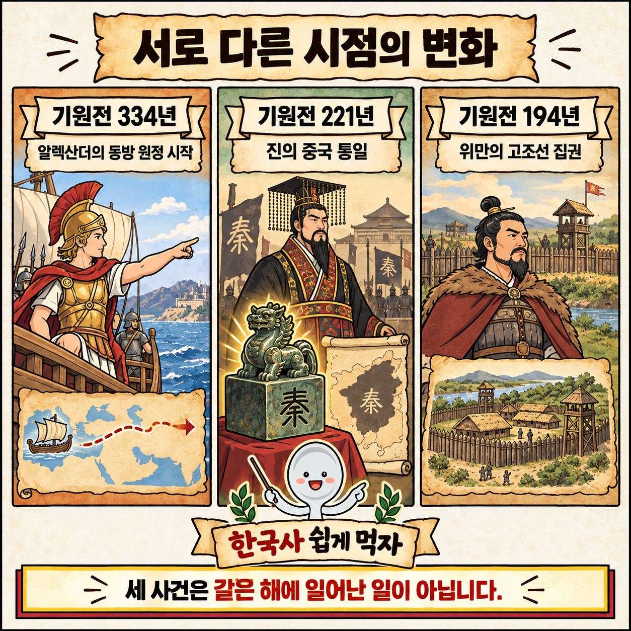 알렉산더 원정·진의 통일·위만 집권을 연대순으로 비교한 삽화