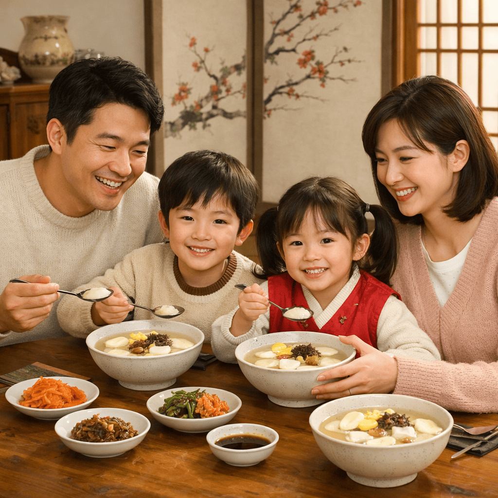 2026년 병오년 새해 떡국 먹는 가족 이미지