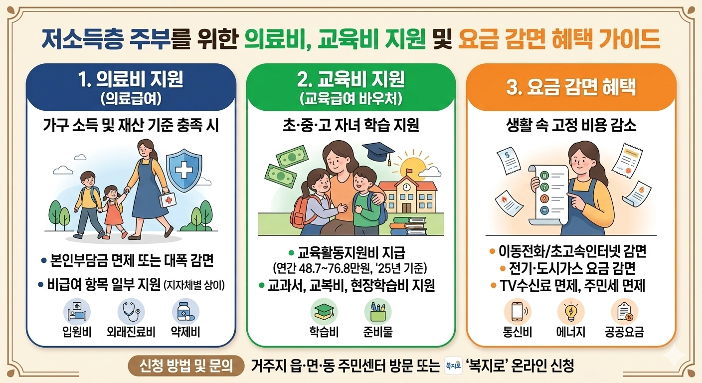 저소득층 주부를 위한 의료비, 교육비 지원 및 요금 감면 혜택을 설명하는 인포그래픽