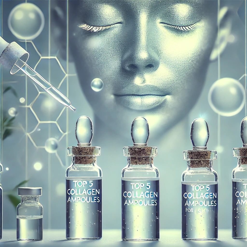 콜라겐 세럼이 담긴 유리 바이알과 수분을 강조하는 콜라겐 앰플 이미지. 부드럽고 매끈한 피부를 배경으로, 콜라겐 성분이 피부에 수분과 탄력을 제공하는 느낌을 시각적으로 표현한 썸네일. 'Top 5 Collagen Ampoules for Skin Elasticity'라는 텍스트가 깔끔하고 현대적인 폰트로 삽입된 이미지.