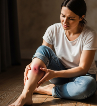 오른쪽 다리에 타박상을 입어 고통스러워하는 여인의 모습