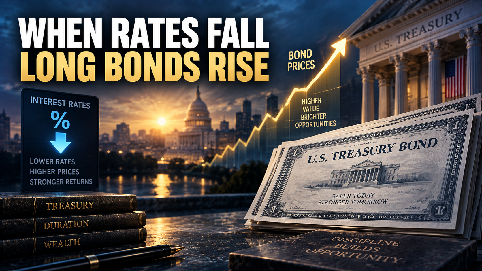 Long term Treasury bond prices rising as interest rates fall