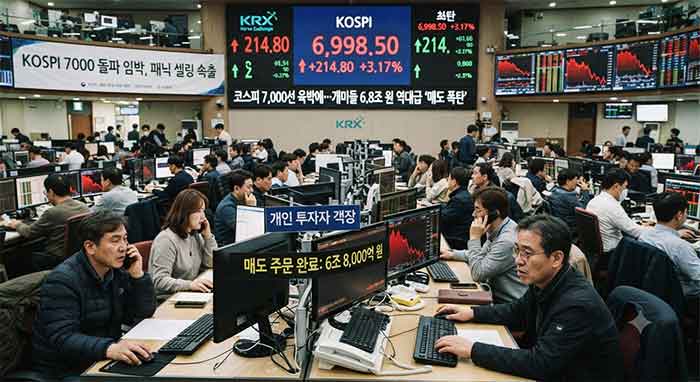 코스피 7000 육박 속 개인 투자자들의 대규모 매도 현장을 담은 증권사 객장 전경.