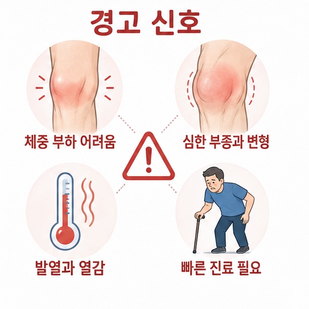 체중을 싣기 어렵거나 심한 부종과 변형, 발열과 열감이 있을 때 빠른 진료가 필요함을 보여주는 그림