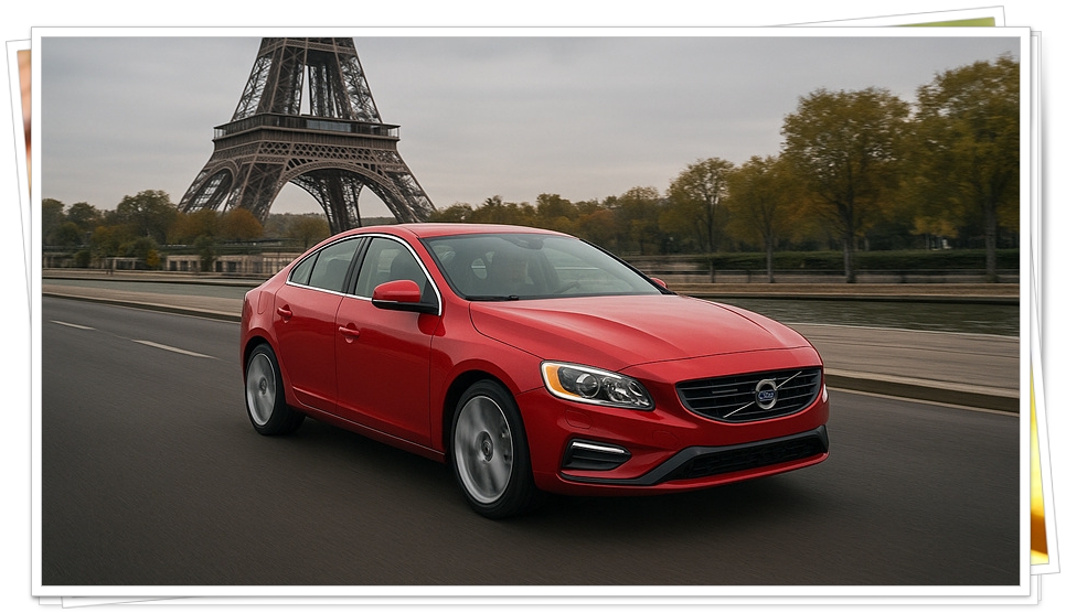 도로 위를 역동적으로 달리는 볼보 S60의 세련된 전면부 디자인