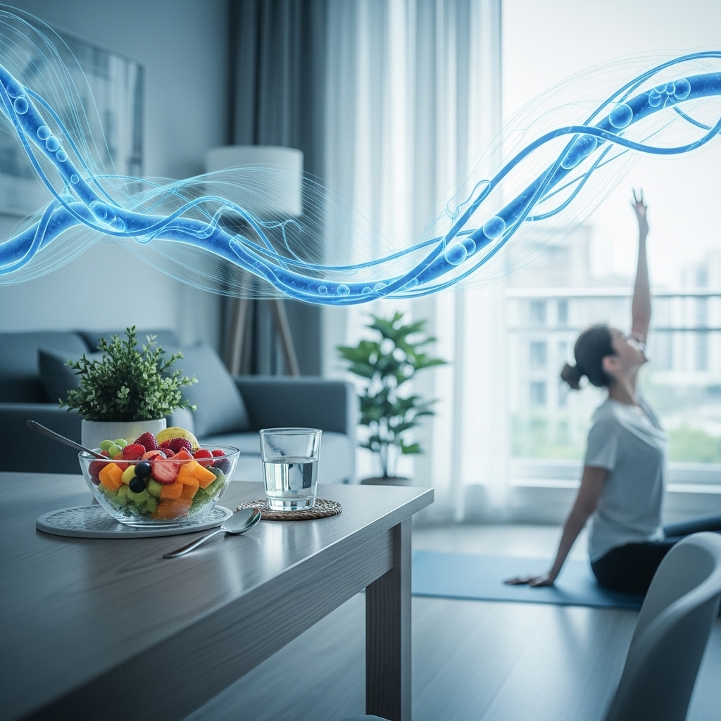 건강한 식단과 요가로 뇌경색을 예방하며 활기찬 생활을 하는 모습.