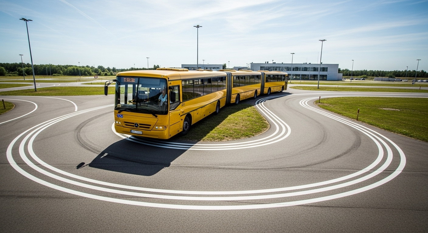 운전 시험장에서 대형 노란색 버스가 S자 코스를 아슬아슬하게 통과하는 모습