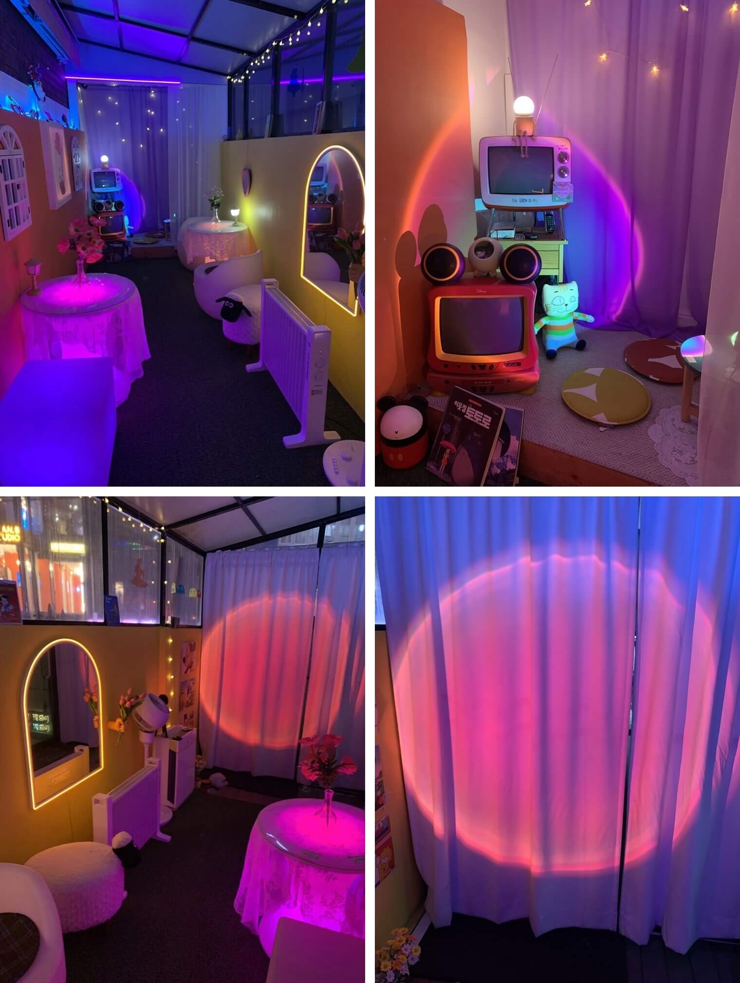 테라스 내부의 화려한 LED 조명과 테이블 좌석