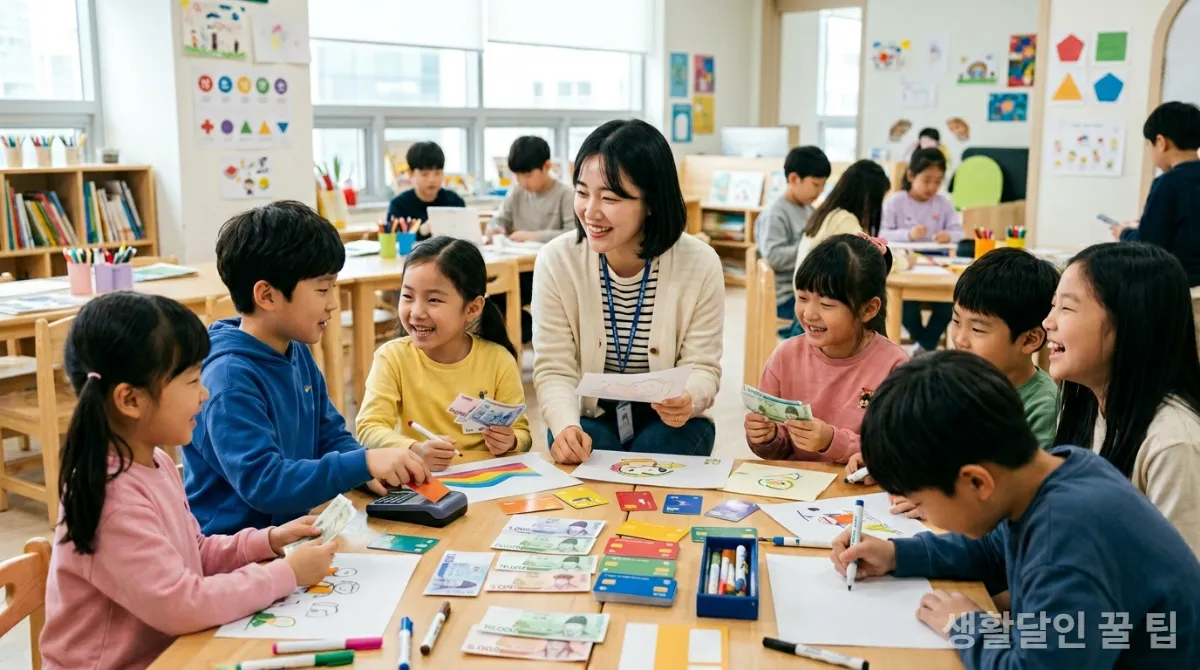 다양한 연령대의 한국 어린이들이 금융 교육 워크숍에 참여하는 모습