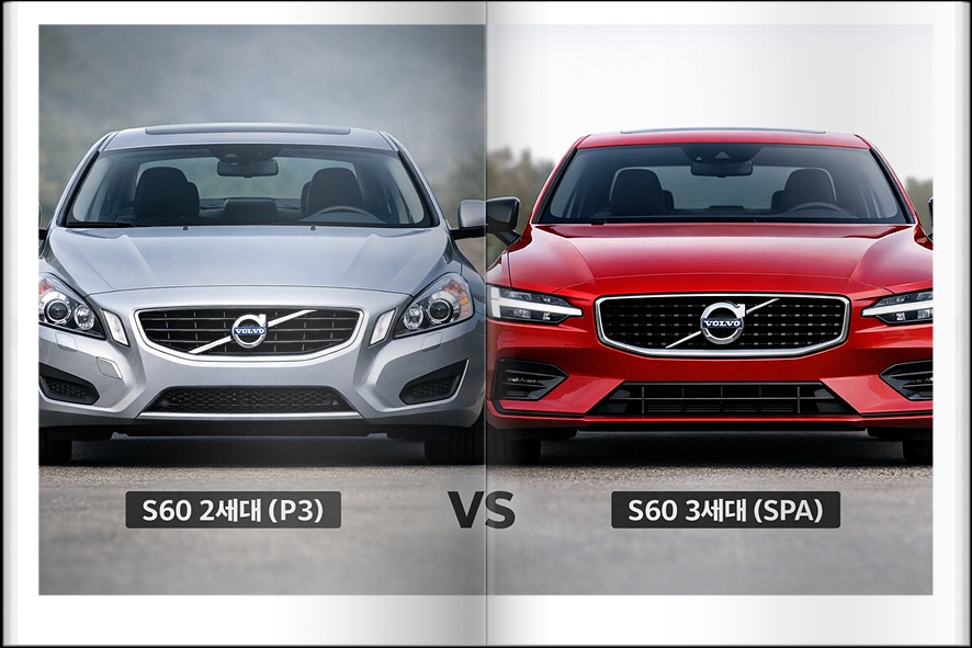 볼보 S60 2세대(P3)와 3세대(SPA) 전면부 디자인 비교