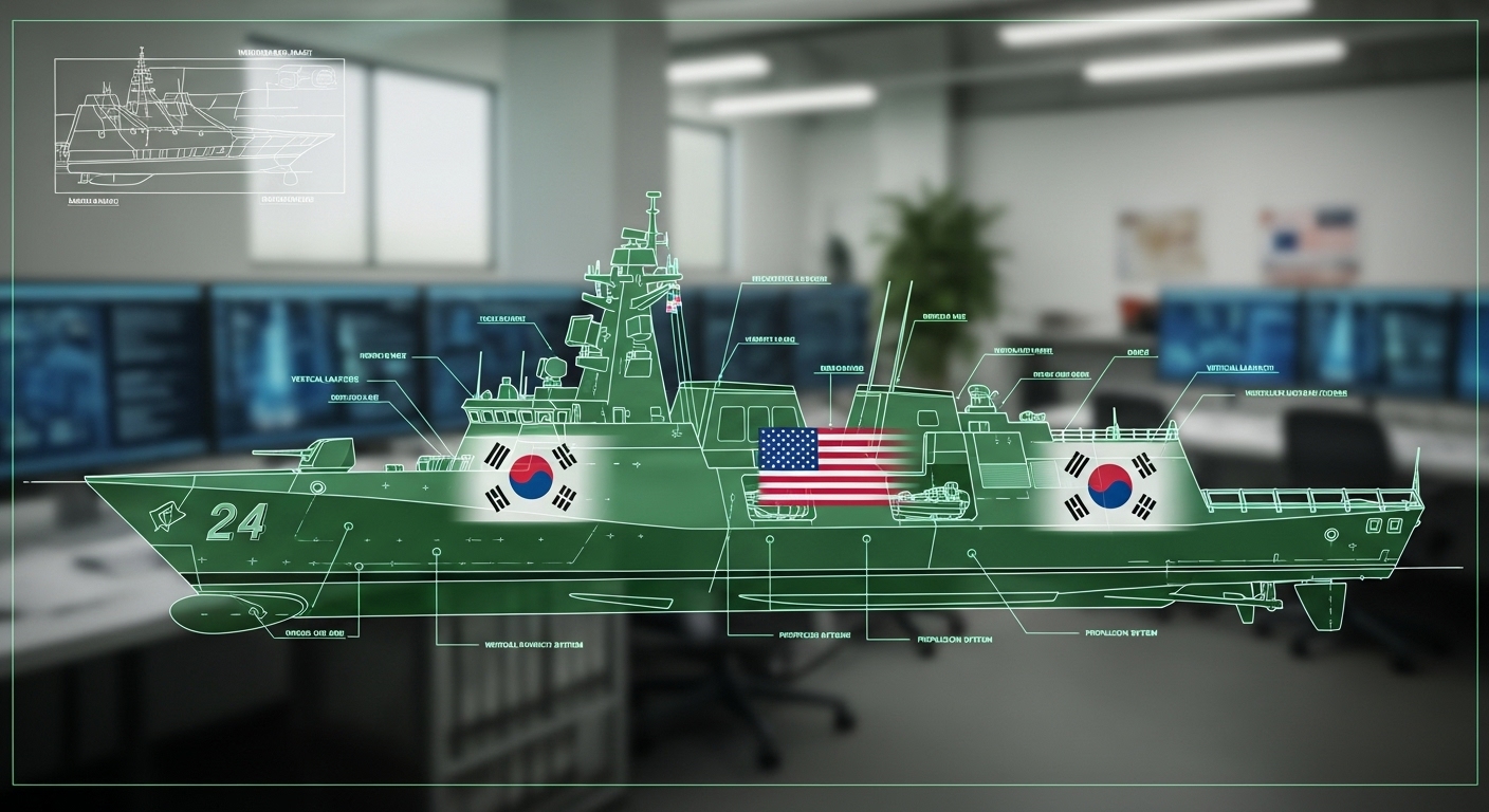 한화와 미국 해군의 기술력이 결합된 차세대 프리깃함의 상세 설계도. 최첨단 기술과 디자인을 보여준다.