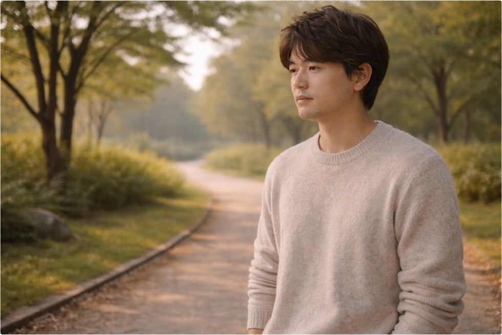 아침 햇살이 비치는 공원 산책길에 서 있는 모습