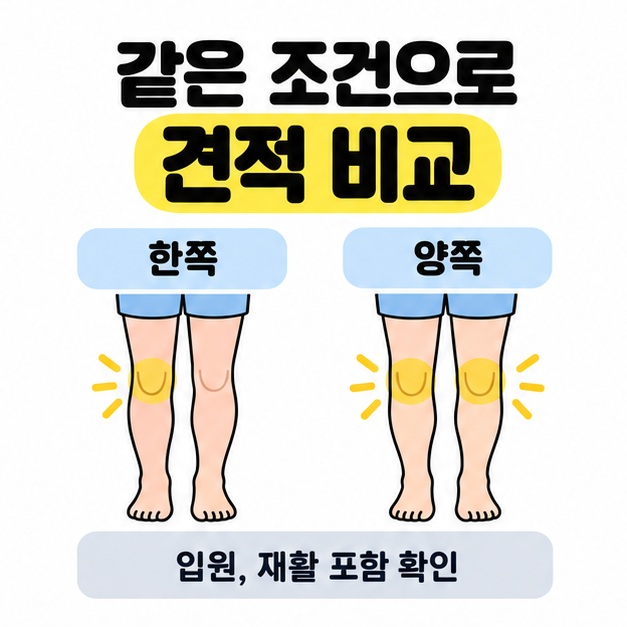 한쪽 무릎과 양쪽 무릎을 각각 노란색으로 표시한 다리 그림을 나란히 두고 입원과 재활 포함 여부를 확인하도록 안내한 견적 비교 이미지
