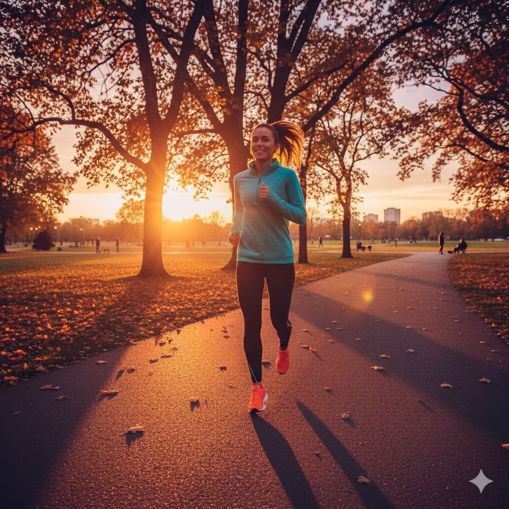 운동화 끈을 묶는 모습이나 노을 지는 공원에서 가볍게 조깅하는 활기찬 모습의 사진