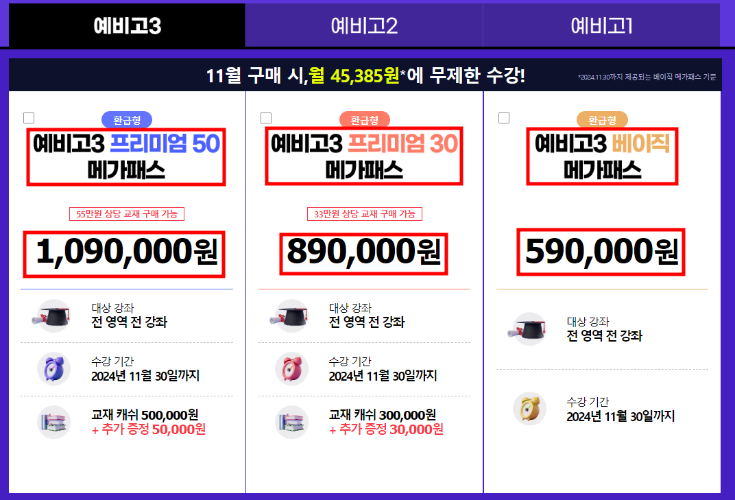 2025 메가패스 예비고3 비용표